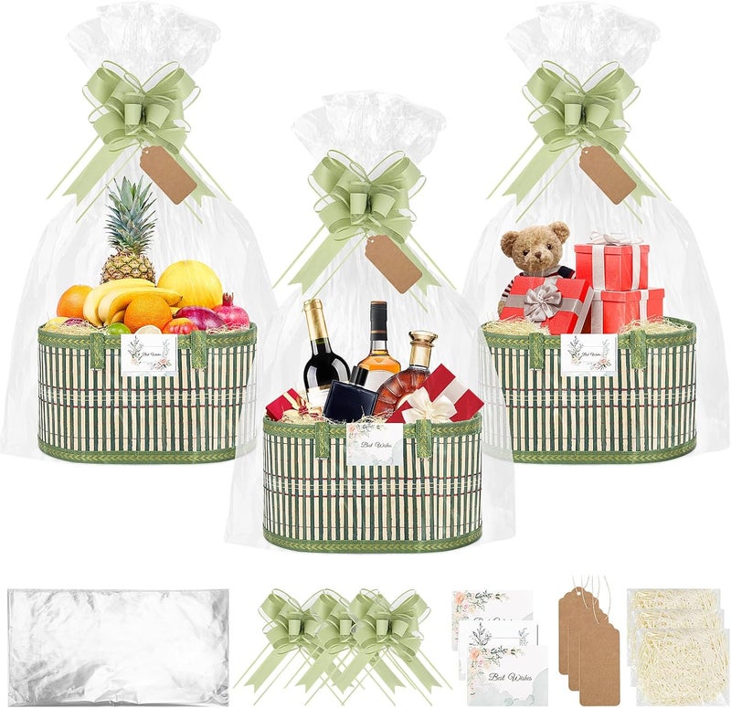SelfTek 3 Pack Baskets for Gifts Empty, Woven Bamboo G-ift Basket Kit with Wrap Bags, Gift Card, Raffia and Pull Bows, Gifts Baskets for Birthday, Wedding, 30 x 20 x 15 cm - Green - Image 1